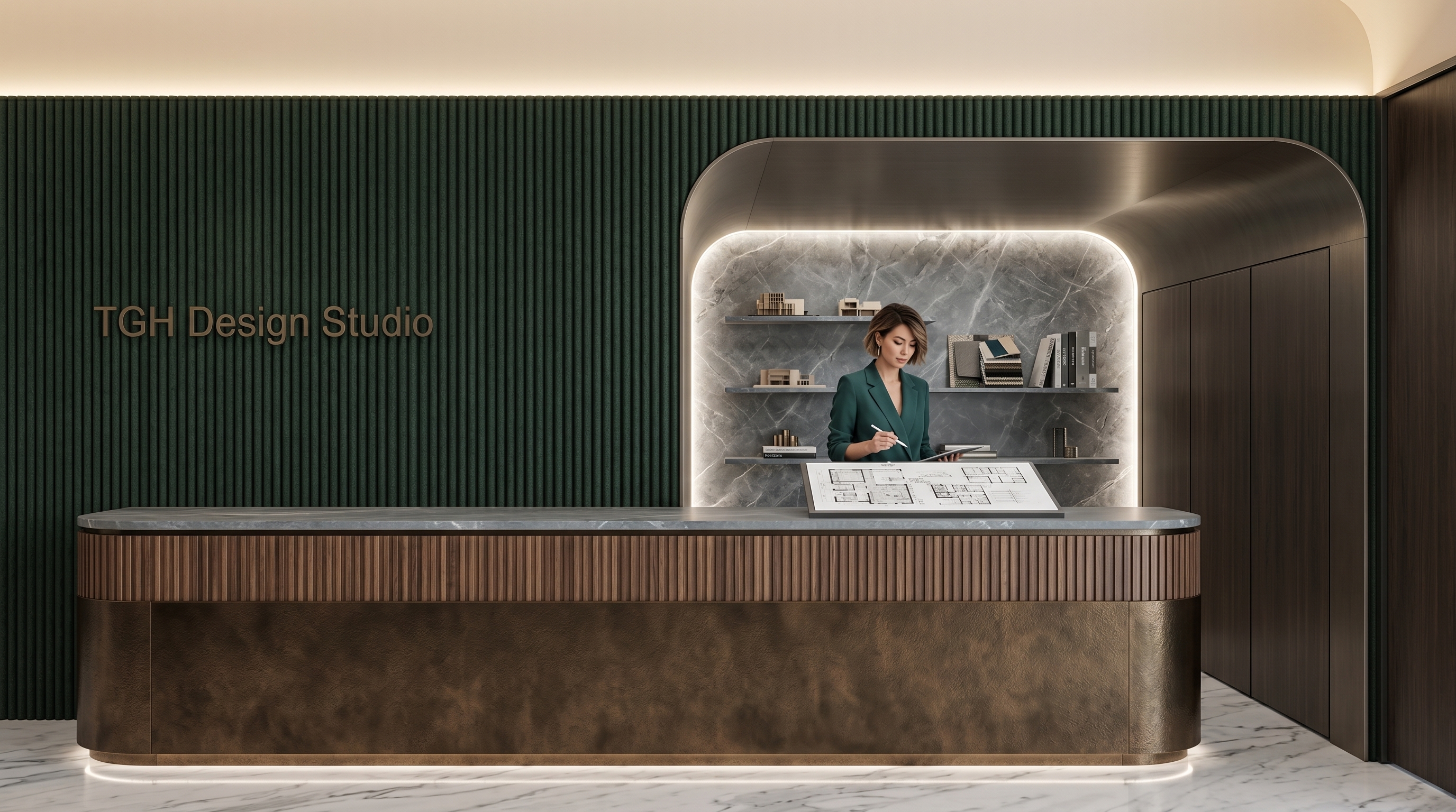 TGH Design Studio reception with warm materials and soft architectural light